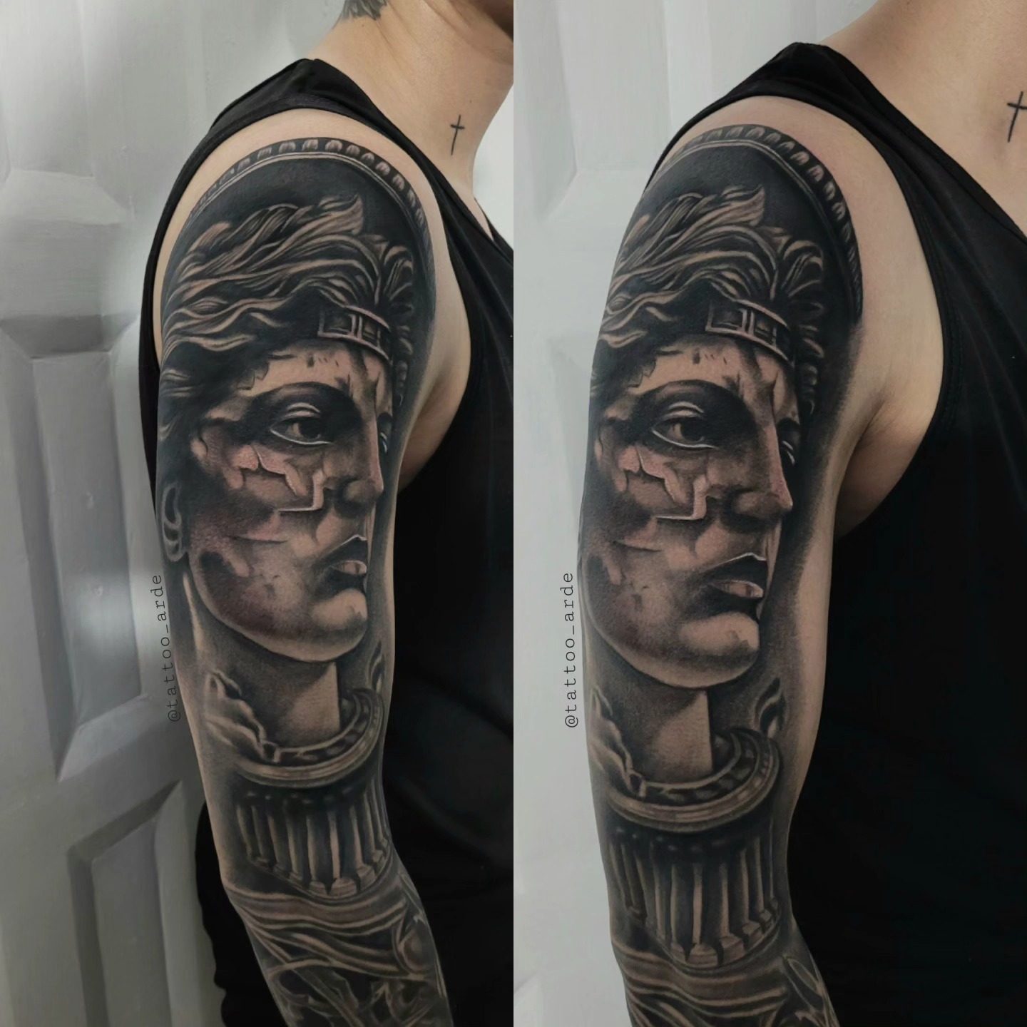 Tatuaje terminado de realismo clásico en negro y gris sobre el brazo