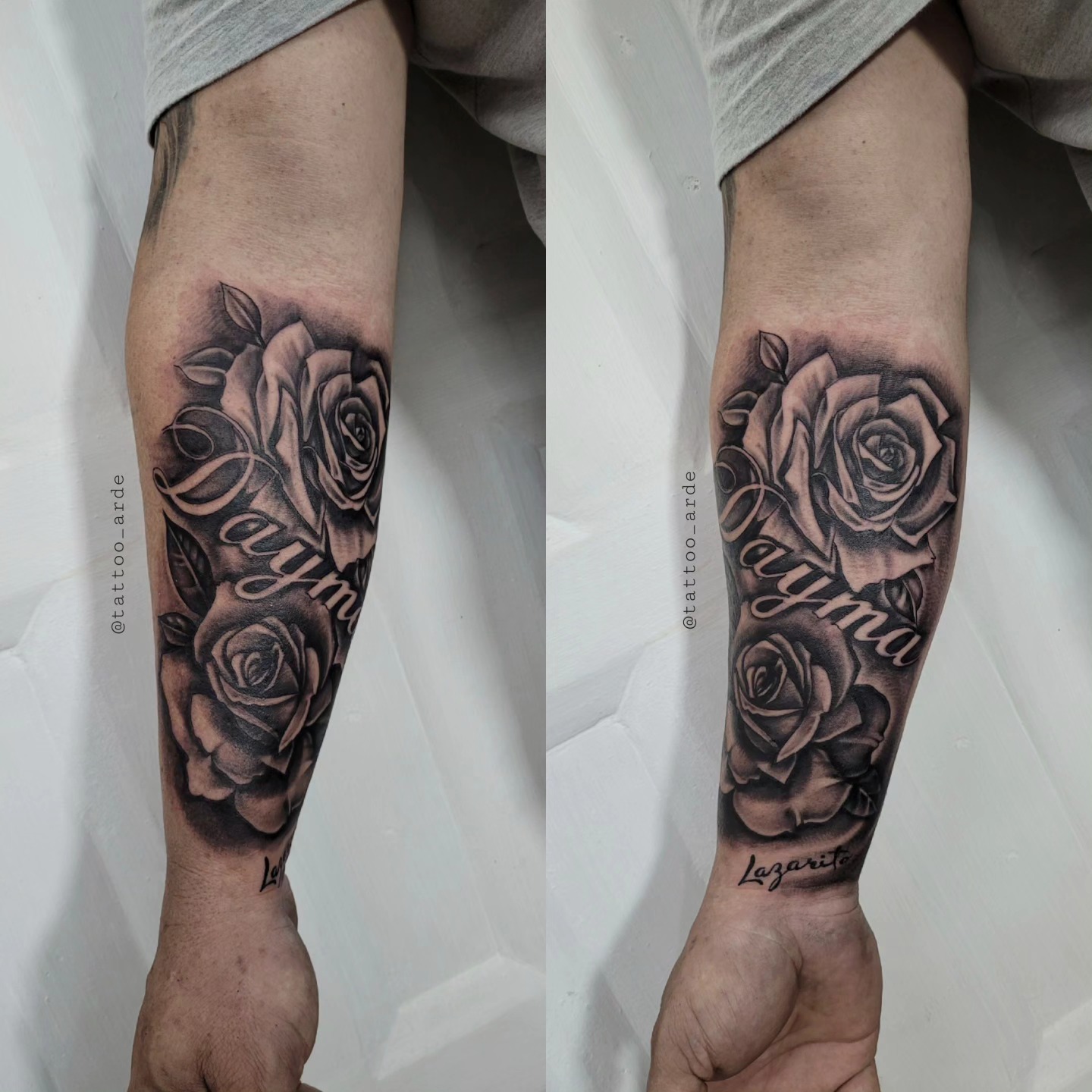 Composición terminada de rosas y nombres en negro y gris